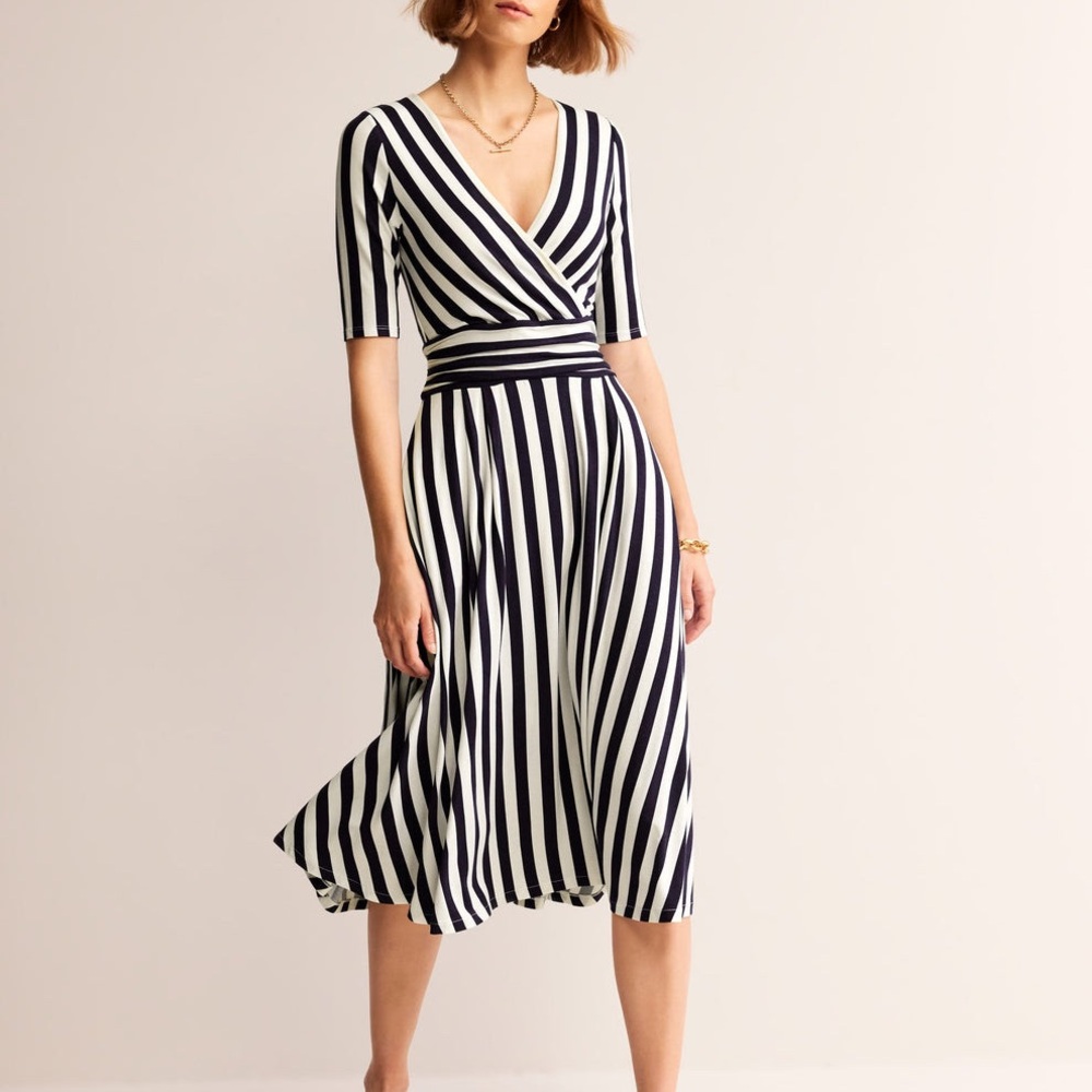 Boden Navy and White Striped Wrap Midi Dress